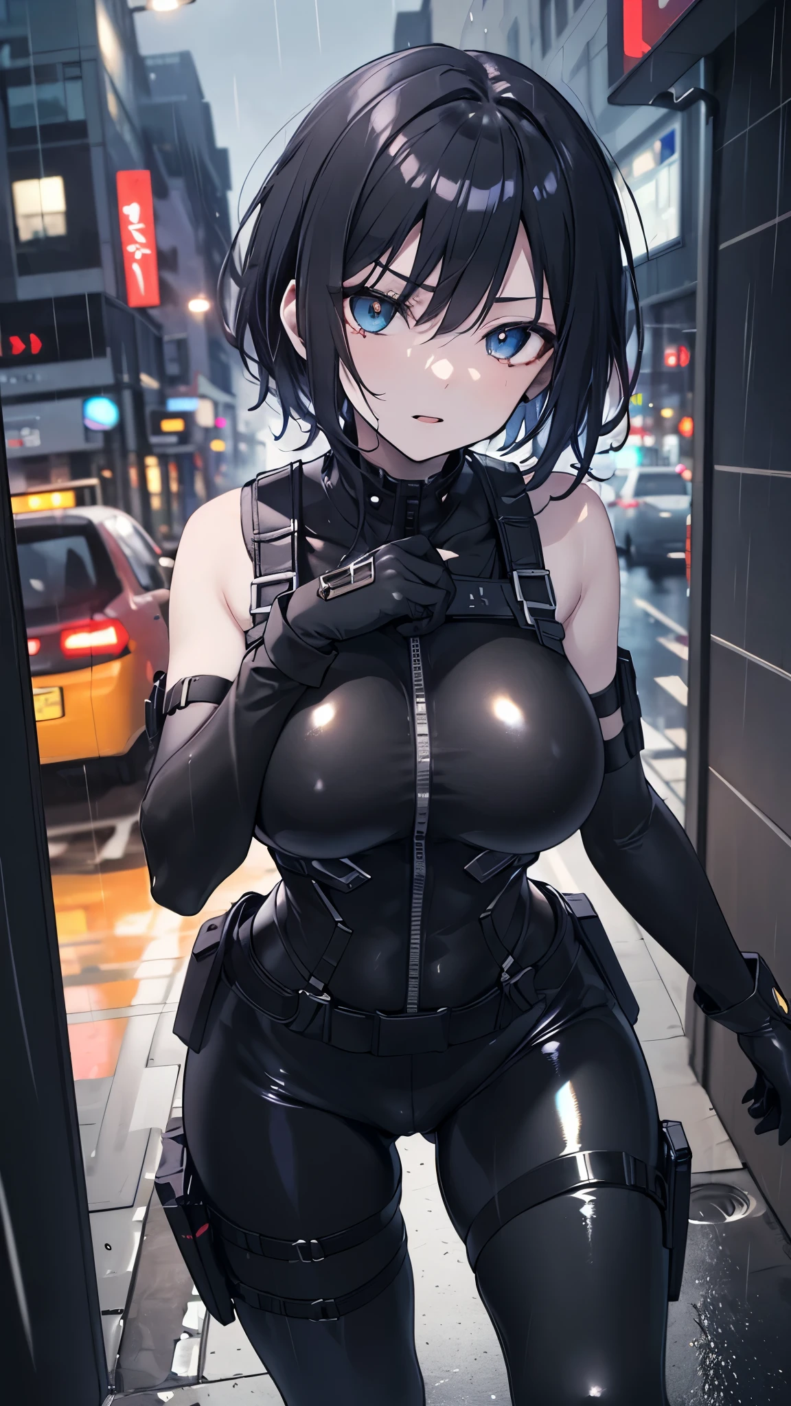 ((best quality)), ((masterpiece)), (detailed), anime girl gesture, short black hair, big breasts, sexy, ,eyes, detaileds, eyes azules, ((pale skin)), ((hip covers)), tactical equipment , chest harness , ((battlesuit tight black)) ((black gloves)), ((shiny black tight leggings)), serious look, Special mission, at night, city, heavy rain, Approach,