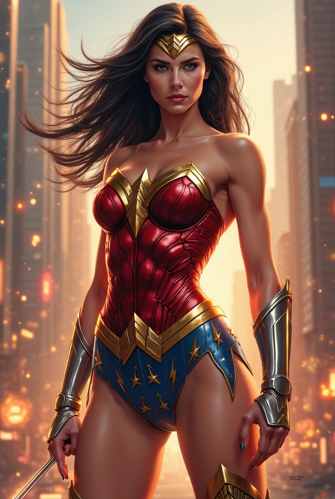 High contrast, (8K UHD:1.2), (photorealestic:1.2),(Masterpiece:1.4), (Best quality at best:1.4),very detailed wallpaper, highly detailed illustrations, (1 Girl), (Best lighting) , (super-complex details) , 4K unified, (extremaly detailed cg: 1.2) , (8K: 1.2),(Original), (Masterpiece) , (Best quality at best),(Masterpiece:1.4),Anime-ish high quality,(POV), A wonder women, (intriciate detail, makeups), (detailed beautiful delicate face, fine beautiful delicate eyes, a face of perfect proportion), (Glossy skin: 1.0), fine detailed skin, strong and realistic blue eyes, realistic black hair, lip, makeups, Natural skin texture, tiara, red and gold bustier, blue leotard with white stars, silver bracelets, (Red knee high boots:1.2), golden belt, (Wonder Woman clothing:1.0), bare shoulder, ((light tan skin: 1.4)), mature, Sexy, elastic muscles, (muscluar: 1.2), ((strong and healthy body)), ((((the more) muscluar))), Long leg, curved, (Big breasts: 1.3), rib, thin-waist, soft waist, (fine detailed skin), (beautiful and sexy woman), (swollen lips: 0.9), (eyeslashes: 1.2), very delicate muscles, perfect body figure, perfect anatomia, perfect details, perfect fingers, perfect limbs, (perfect hand: 1), fearless smile, muscular female, (from the side, upright levitation and stylish pose, city buildings and night sky), anime picture, art cg, (Ultra-detailed:1.3), Masterpiece, Best quality at best, Illustration, particle lighting, beautiful details glow, an extremely delicate and beautiful, radiant skin, shiny hair, detailed and delicate costumes,((Muscular,muscluar))