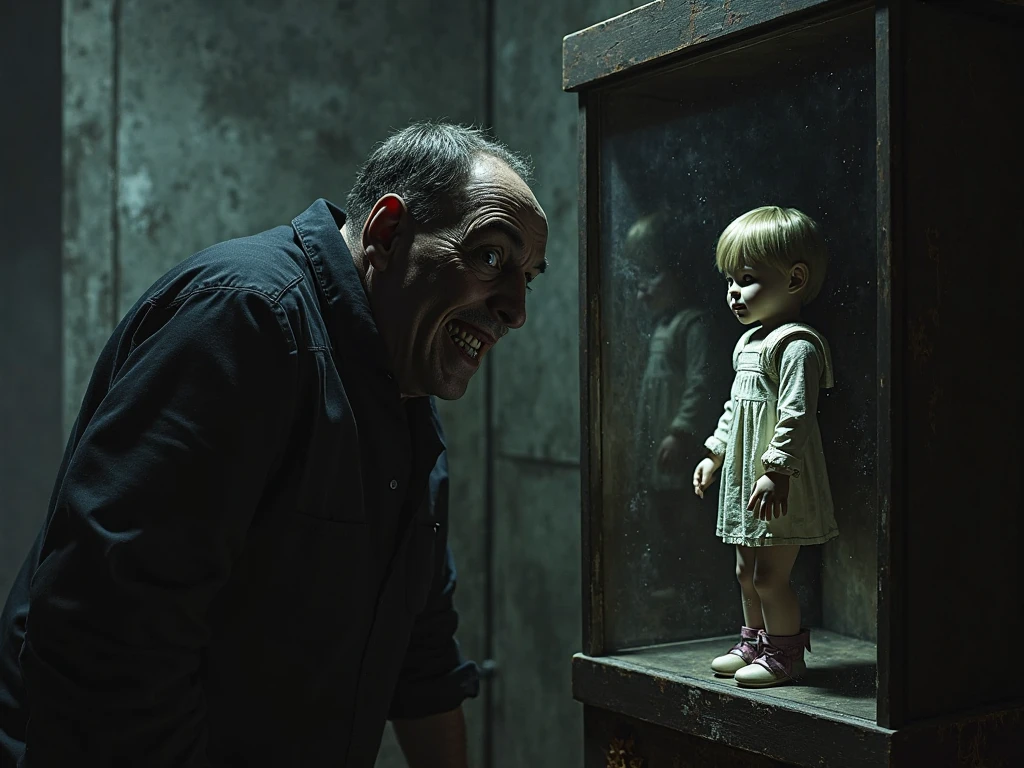 Image of terrified parents, with expressions of shock and fear, as they see the crooked man holding their daughter. The scene is gloomy, with dim lighting and an atmosphere of dread.
Ultra realistic image.