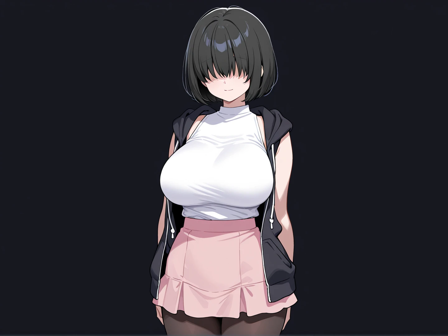 realistically、1 girl、A brunette、bob cuts、purples eyes、radiant eyes、(Colossal tits:1.2), white undershirt, top cut, yoga pant, arms behind the back
