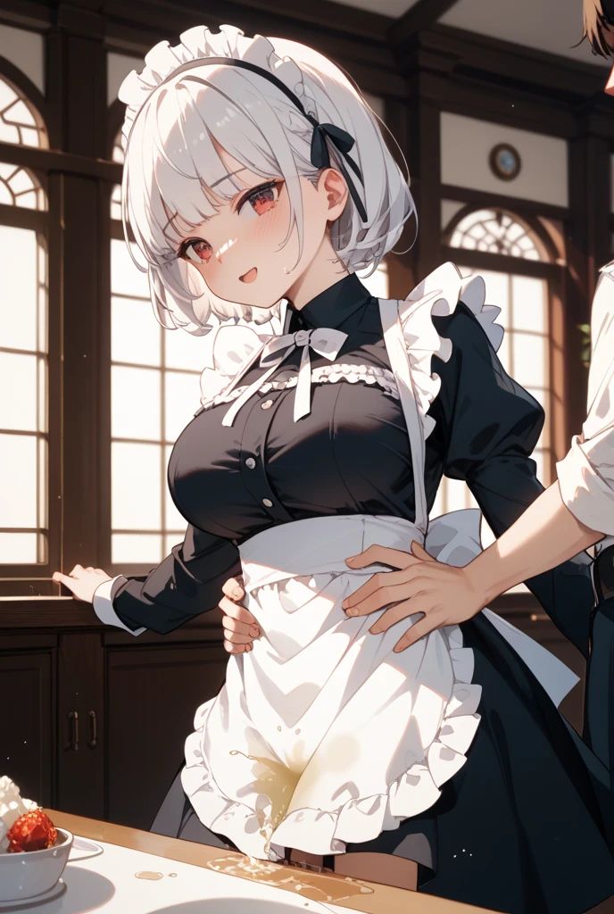 ((((masterpiece, Highest quality, High resolution)))), Extremely detailed 8K, Beautiful girl with a voluptuous body, (Ultra HD, Super detailed, Very detailed, Very realistic, Ultra-realistic, Photo Real), (One girl:1.5), (Realistic white hair), (Short Wavy Hair, hair ornaments, Earrings), (Dynamic pose), To the camera, View your viewers, (blush, Embarrassing, smile), (Purple eyes, Sharp eyes), (Firm breasts:1.2), (Beautifully detailed face, Beautiful attention to detail), ((Maid clothes, Maid Apron, Cat Ear Headband)), (detailed pussy), (stand up), Sweat, shine, (Sunbeam, sunlight), ((Cowboy Shot)), coffee shop, ((Highest quality、High resolution))、Portraiture、Perfect body、Beautiful and bountiful breasts、Sexually excited expression、((throw、maid shows pussy))、Love Juice、I'm inviting you to have sex,(nsfw)