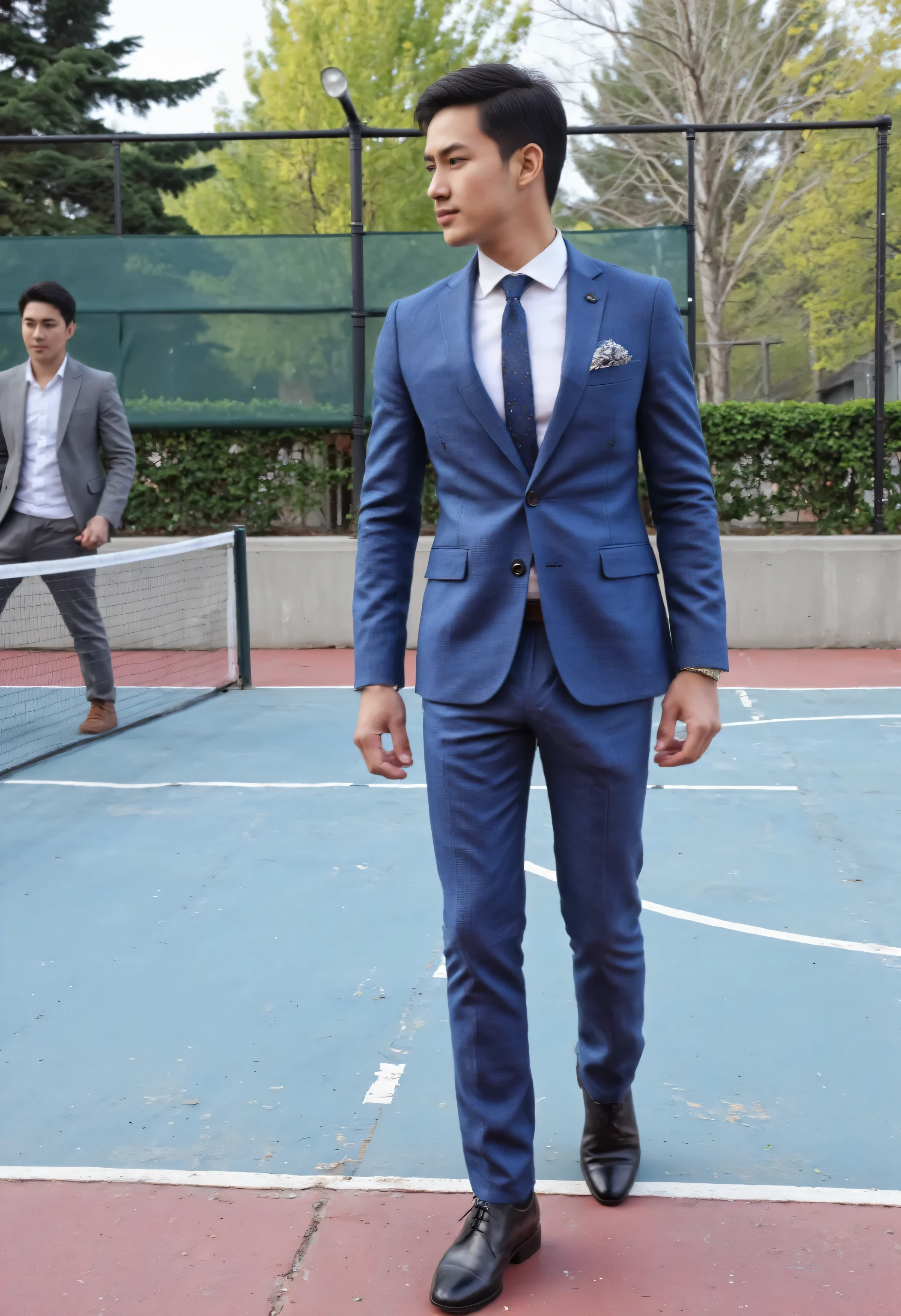 The Asian guy is wearing a fitted blue suit and the Asian guy is wearing a fitted grey suit. He looks very handsome. The pants show a big bulge under the crotch. The slant to the left has a long cylindrical shape, showing a very big bulge in pant., photorealistic skin texture, full body walking in the middle of the daytime bass court