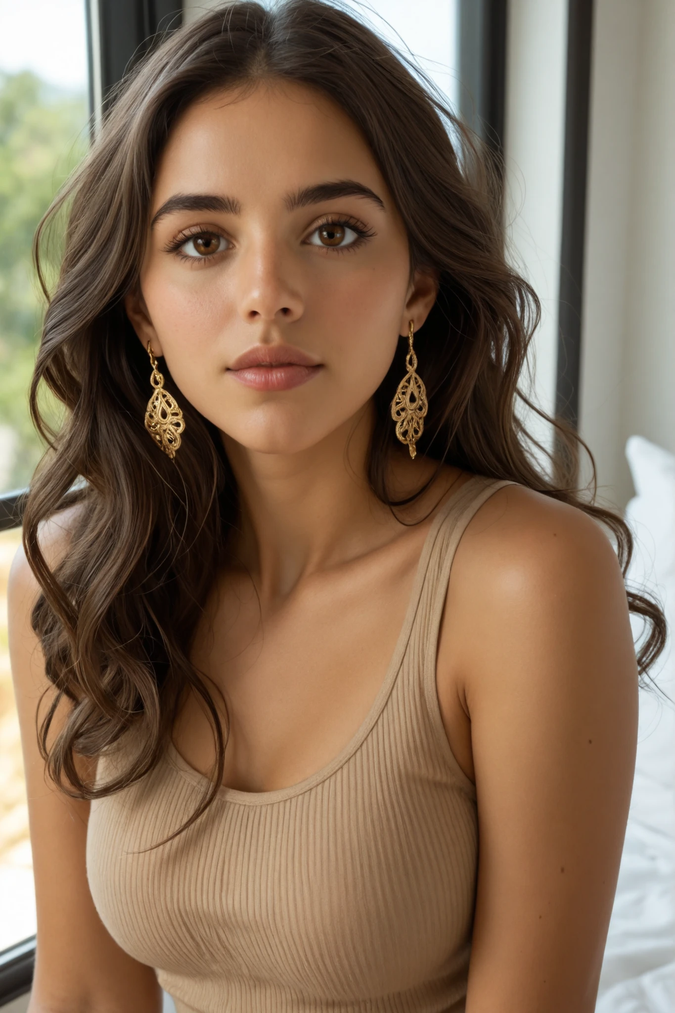 Highest quality, live-action, realistic images, best quality, high-resolution, highly detailed, textured skin, Spanish, brown skin
A photorealistic portrait of a Spanish-Latin woman in her mid 20s, olive-toned skin, soft brown eyes, long wavy dark brown hair, full lips, minimal makeup. She wears a beige tank top and gold earrings. The background is warm, cinematic, softly lit by golden hour sunlight through a window. Her expression is calm, mysterious, and slightly seductive. She looks directly into the camera, creating a deep emotional connection. Ultra HD, shallow depth of field, cinematic lens flare, highly detailed skin and eyes.