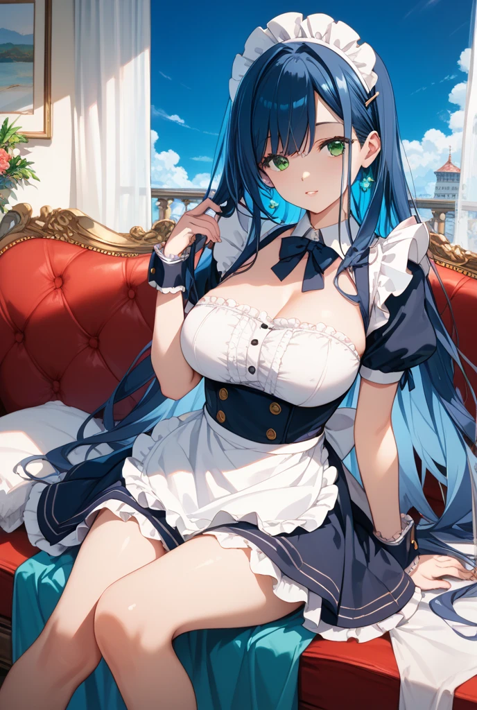 My name is Yukiko.I am a white test woman with long Sky blue hair,red eye color.I am 1.62 cm tall . My breasts measure 200 cm, my waist 40 cm and my hips 200 cm. Dressed in a black corset and a blue short skirt with garter belts and long white stockings . With huge breasts 200 cm