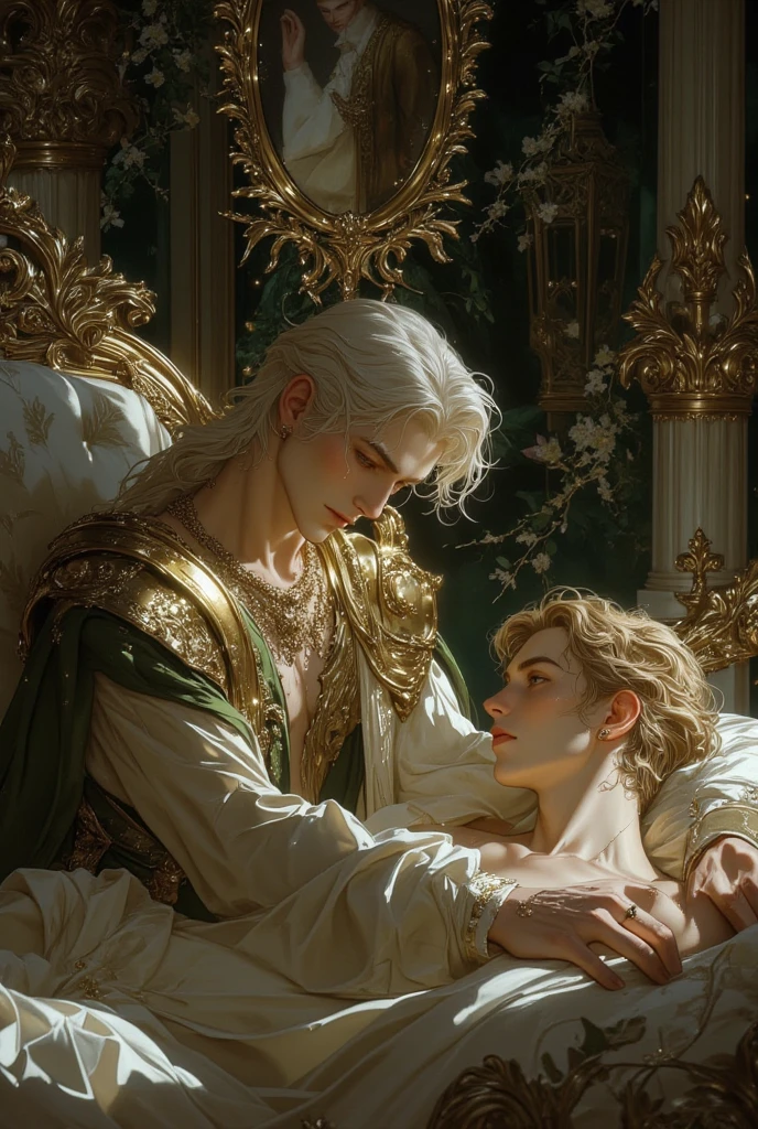 a powerful roman emperor constantine the great, his beloved minerva goddess of wisdom in a warm and loving embrace, blissful love, romantic, lyrical, intricate ornate golden details, lush flowing gowns, rich colors, dramatic lighting, cinematic composition, photorealistic, 8k, best quality, high resolution, masterpiece, ultra-detailed, realistic, vivid