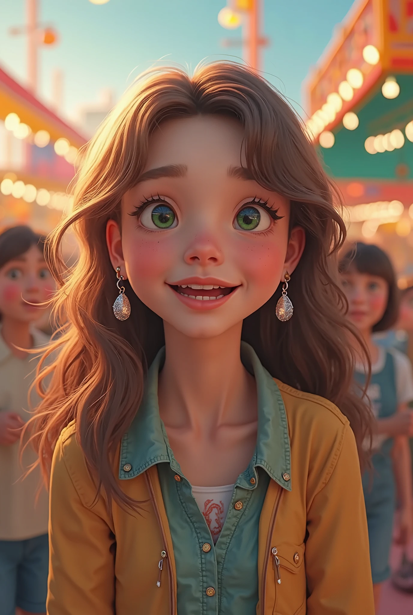 A innocent young Math teacher's with chestnut brown hair cascading down her back in effortless waves, framing her striking facial features and delicate earrings that refract light like tiny diamonds. Her dark green eyes, polished to a radiant sheen, sparkle with joy as she laughs at the amusement park's vibrant attractions with her pupils, surrounded by colorful lights and playful sounds.