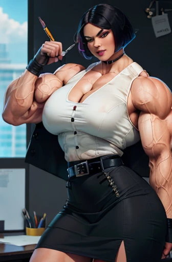 ((Close-up)), tall, (royal blue hair) beautiful muscular woman, long curly wavy hair, pale white skinned, closed smile, (black lipstick), big breast, (massive muscles), (hyper muscle), ((ginormous bulky muscles)), glowing white eyes, (((royal blue long sleeve pleated shirt))), ((black tight pants with belt)), (fingerless gloves), (necktie), boots, night in Japan streets,