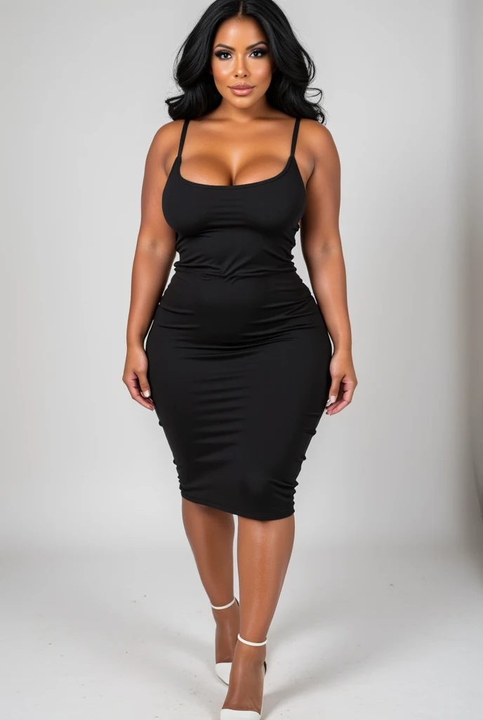 (best quality,4k,highres, highres face details), blonde long curvy hair, 18 years old, instagram model, 36DD fake breast, fake lashes, fake lips, dark makeup, perfect skin, dark tan skin, she is skinny, she is caucasian, she is wearing a charcoal skin tight long skim dress, long diamond belly piercing, gold necklace, gold earring, gold ring, whole body image, taking a pose, posing, no exposed breast, no exposed vagina, golden hour, in her bed room,in her walk-in closet, view from behing, view from the back