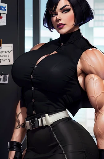 masterpiece, extremely detailed, (fractal art: 1.3), highest detailed, (1girl) (upper body Integra Hellsing cross bet blindfold) focus, upper body, HDR, ), vivid visual effects, (dynamic stripes, luminous traces: 1.2), abs, muscular, ass, ass focus. looking at viewer, sitting at a office table, office, dominant, annoyed expression, frustrated, sitting, huge breasts, boob window, big knockers, detailed face, perfect face, wearing overall jumpsuit, overall jumpsuit showing shaved armpits