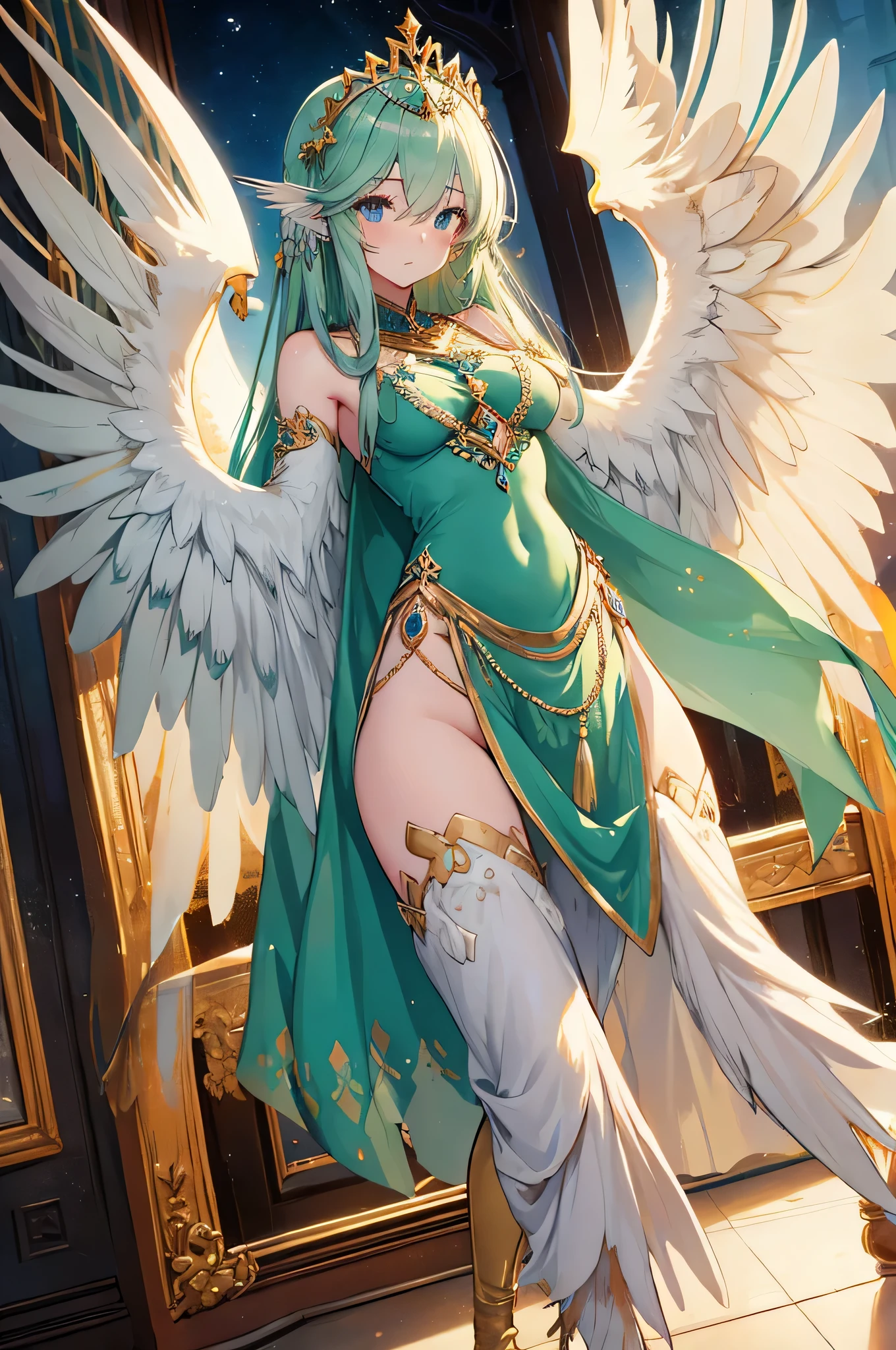 4k,High resolution,One Woman,harpy,Green Hair,long hair,Blue Eyes,Big Breasts,White Wings,Golden toenails,goddess,Green Holy Dress,Winged headgear,Jewelry decoration,Gold decoration,Temple in the Sky