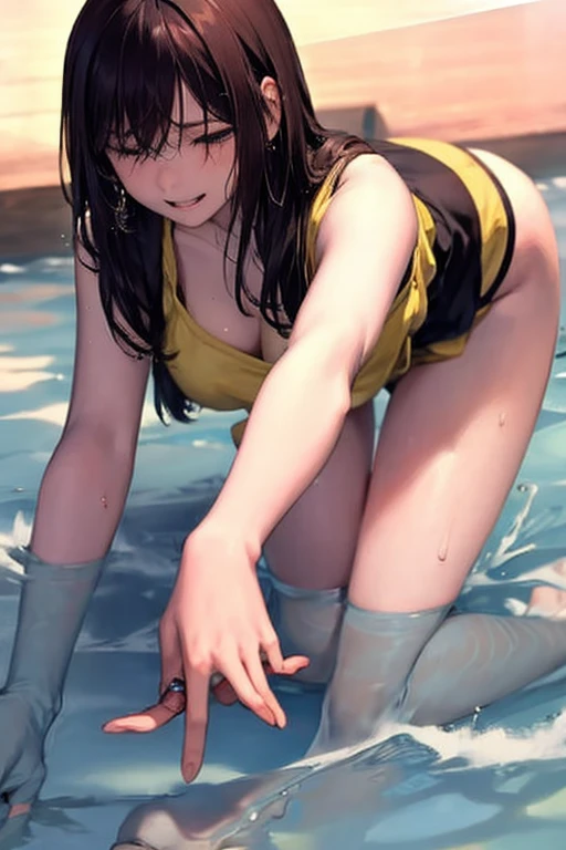 ((NSFW,Nude,female ,masturbation,yukata)),beautiful, masterpiece, Highest quality, Hello, And soul, One Girl, Medium Chest, Portrait Shot, Look at the viewers, Outdoor swimming pool, Wet skin, Intricate details,>,((Covered),Leg spread,masturbation,Show off your crotch