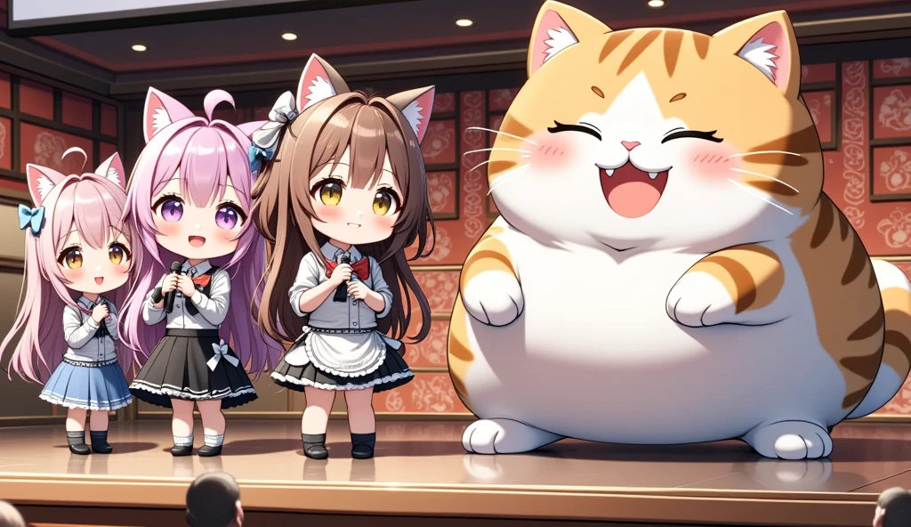 (ultra-detailed animated chibi anime), best quality, clear focus, dramatic scene, (ultra-high resolution), perfect anatomy, perfect face, (detailed face), (detailed eyes), (chibi), there are row of girls\(chibi, famous Japanese chibi idol girl, wearing Japanese girl idol's raffled stage costume with mini skirt, ribbon, hair accessories, very beautiful and cute face, medium breasts, smile, holding a microphone, singing\) and cute giant fat cat\(male cat but dancer, wearing a stage costume, adorable giant fat cat, cute, happy, detailed, detailed opened eyes\), (row of 3 idol girls and her giant cat are performing their live on the stage), on a special stage with professional lighting with floral patterned background with large screen, the large screen displays that a cat eating a huge steak at the fine steak house,
