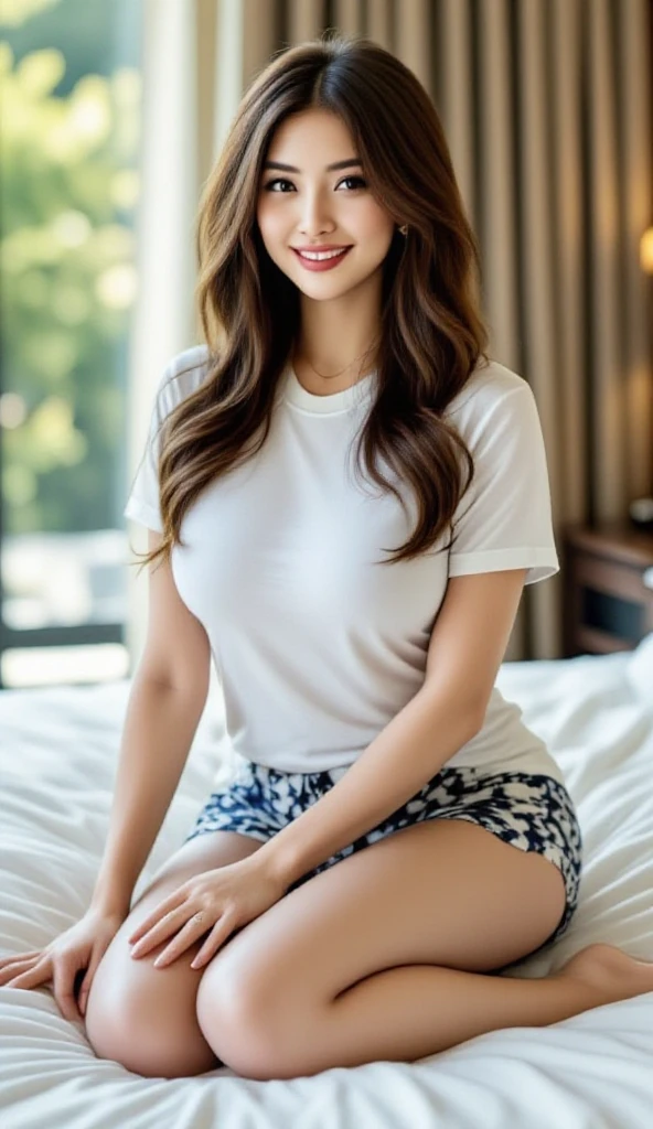 ((masterpiece))、((top-quality))、a picture、Realisticity、high-level image quality、ultra-detailliert、25 years old woman、brunette, long dark wavy hair, happy face, big smile, Delicate facial features、short-hair、Realistic backgrounds and accessories、Sexy smile、A seductive gaze、large full breasts、Soft breasts、natural soft light、livingroom、sofas、standing near a window、long oversized Red polo shirt、Plump body, Red polo shirt