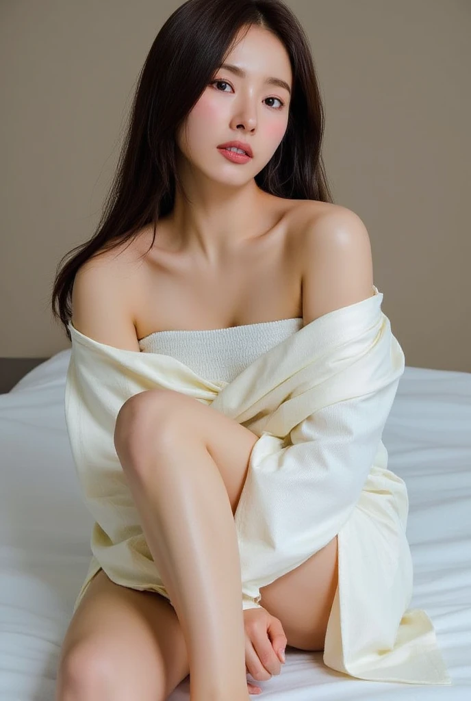 (8k、RAW Photos、Highest quality、masterpiece:1.2)、((Long face、Droopy eyes、Long legs、smile:1.5))、((Cheekbones are prominent、Nasolabial folds、pubic hair:1.3))、(Realistic、Realistic)、1 girl、((naked、get up、After sexual、morning、morning日が差し込む、 Hotel Bedroom、Lie down in bed、Bathrobes、smile))、cute