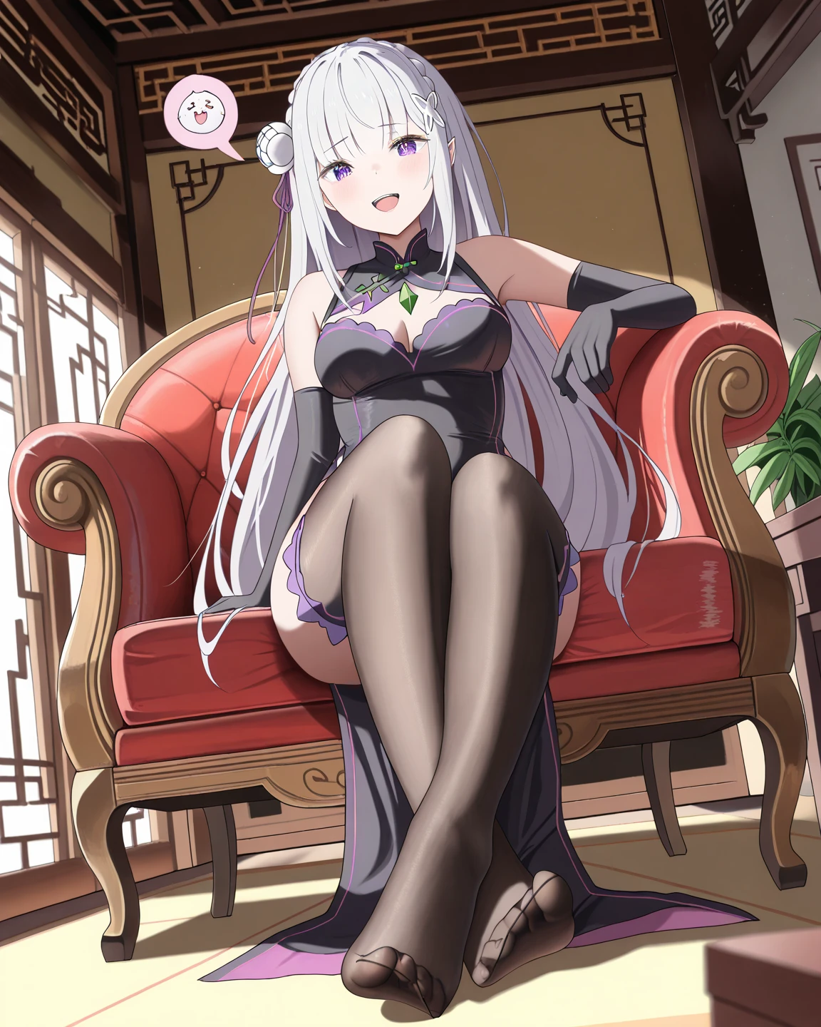 blacksilk,High Root,裸体的女,whaite hair,Tsundere,Dull hair,Very crumbs,many hands,The Arm,White hair,Adult daughter,Full body like,sitted,black lence stockings,lacepantyhose,high-heels,meticuloso,Ray traching,The halo,On the throne,coda