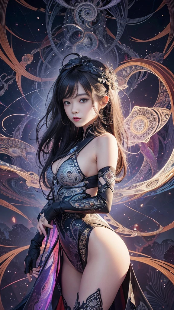 cyborg, girl, beautiful girl, cute, sexy, strong, thin, delicate, smile, (ta costume), High leg, metallic, ultra color, paisley pattern, headgear, mandala, Near future, heaven, Angel, feather, wing, Helix lamp