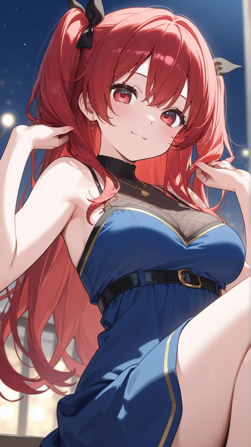 An anime girl with red hair and blue eyes wearing a skirt and an open shirt revealing a black and red bra