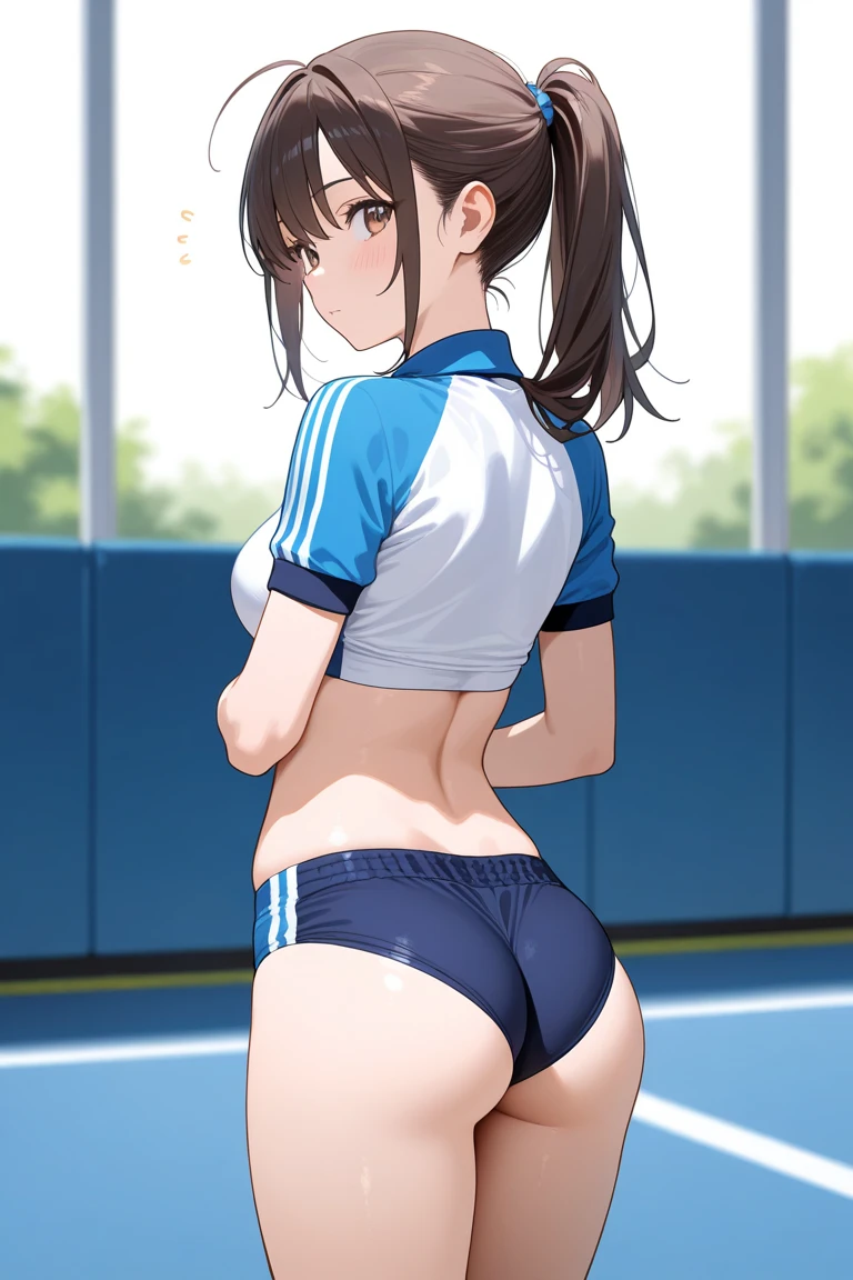 (Highest quality:1.5, High resolution, uhd, 4K, Detailed lighting, Shaders), ((Kugisaki Nobara)) ,solo short hair Brown Hair Brown eyes Cool face ((Volleyball Uniforms))++ Realistic gym Sweat Super oily skin Preparing for exercise No ball No sleeve Cowboy Shot Beautiful ass Side angle