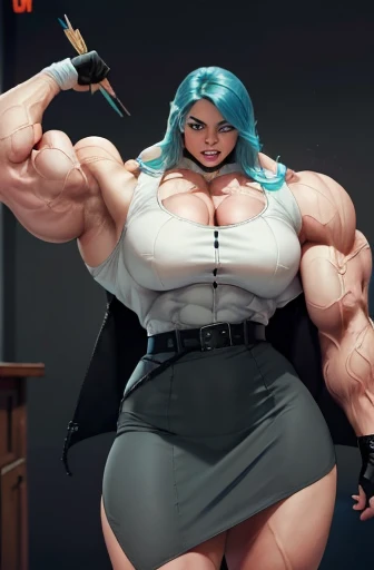 ((Close-up)), tall, (cyan hair) beautiful muscular woman, long beachy hair, pale white skinned, closed smile, large breast, (black lipstick), (massive muscles), (hyper muscle), (ginormous bulky muscles), purple eyes, (((cyan tweed suit with pants))), ((double breasted jacket)), green bracelets, choker, high heels, on the rooftop at night,