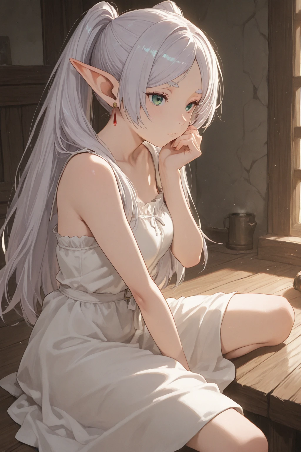 Highest quality, masterpiece, Ultra-high resolution, female、Normal milk、Dark and dirty alley、Beautiful Elf、Body and clothes stained with dirt、Homeless、Falling without strength、dark feelings、Weakened、poor、middle ages、Turning Away、hungry、