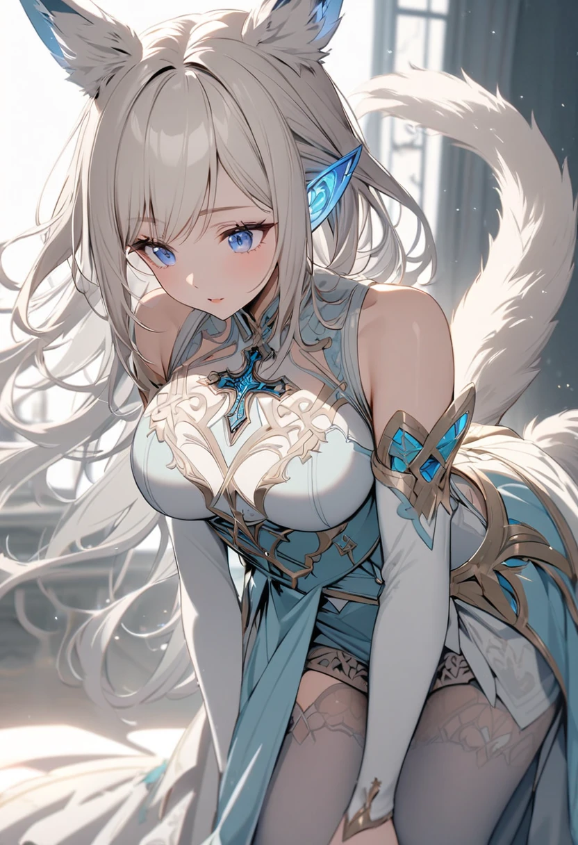 (masterpiece), best quality, expressive eyes, perfect face,1girl,furina,genshin impact,palace,night,castle wall,mirror,big breasts,blush,cleavage,cat girl,cat ears,cat tail,full body,strapless idol dress,bare shoulders,detached sleeves,navel,cute top,cute fluffy skirt,layered skirt,showgirl skirt,paw pose,happy,excited,spoken heart