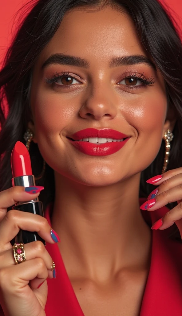 crear un labial como producto oar un comercial con el logotipo "Glamour essence" colo rojo