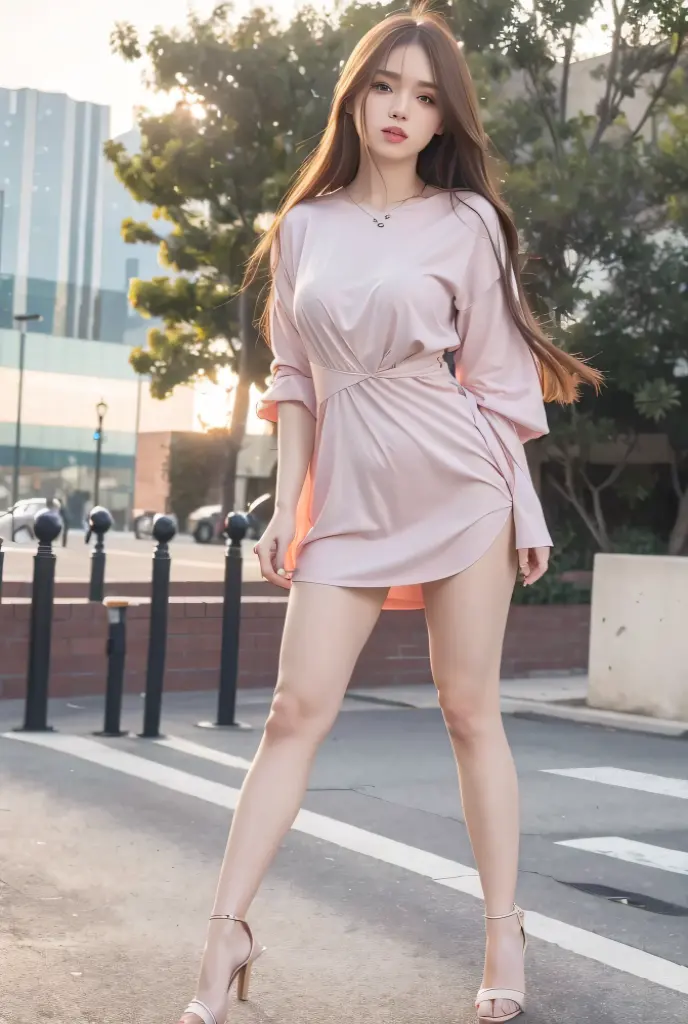 lady 1people,（full body figure:1.2),（nine heads and bodies:2.0）, small butt,(thin thighs),（long and thin legs: 2.0）,（Knees Stretch：2.0）,stand with legs closed,（height 2/3 is the leg:2.0）, (light cherry color pumps:1.2), （Tight casual dress made of light cherry color silk :1.3),  light cherry color choker,Transparent white glossy skin, 25 years old, cute sexy little face, red lips, parted lips, sexy face, sexy young woman, light brown straight hair, Asian eyes, Beautiful smile, Medium chest, slender body shape, tight waist,  beautiful hands, thin shoulders, look at the audience,  standing position, bamboo forest morning