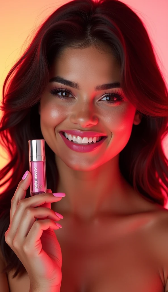 20 year old girl with open mouth advertises lip gloss