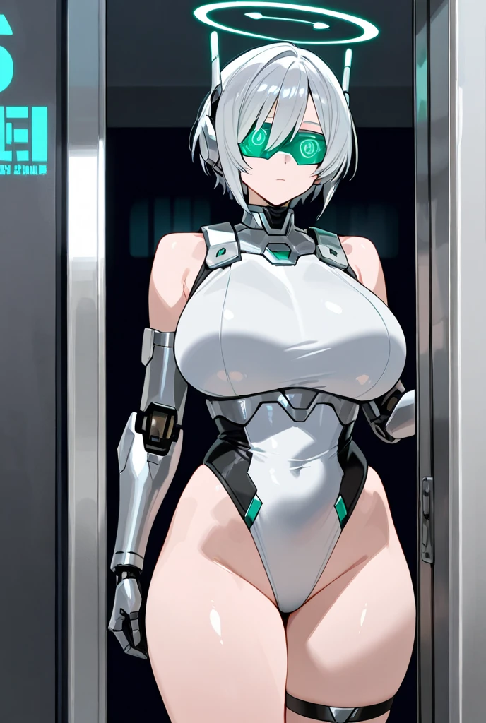 (1 cyborg woman)),((huge breasts, naked pussy)),((urethral insertion)),((standing in front of the viewer with legs apart)),((short white hair, blue eyes, with glasses, smile malignant)),