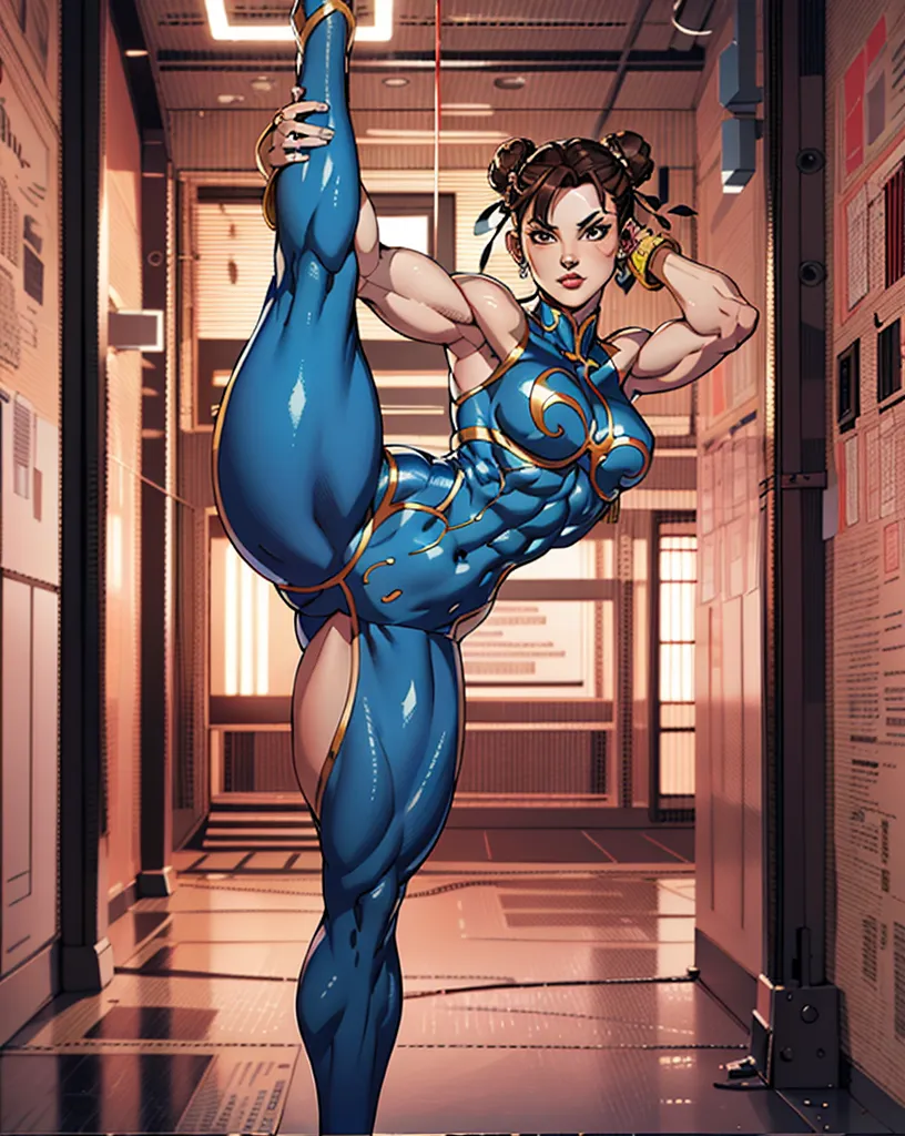 (Muscular:1.8), (thick thighs:1.8),
(asian female, hairbuns:1.6), beauty mark,
(earrings, eyeshadow, lipstick),
detailed eyes, (big smile:1.2), detailed skin,
(small breasts:2),
(sfa chun, unitard),
(upper body view:1.3), (looking at viewer), (three quarter view:1.2),
japanese village, rim lighting, two tone lighting, dimly lit, bokeh