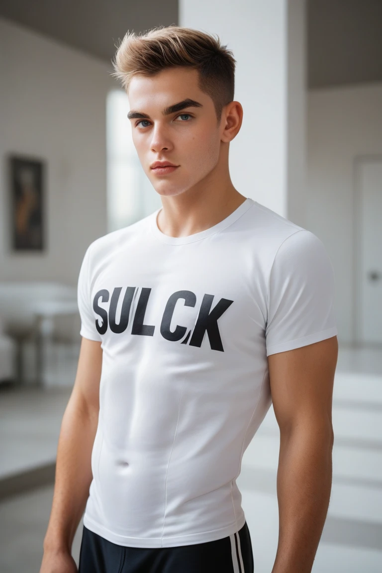 an young aesthetic muscular handsome man with sharp facial features and front light, standing on gym, wearing calvin klein tshirt soaked, his arms are on the railing, detailed and sharp image quality, ultra realistic, 8k, ultra realistic background, subtle lighting