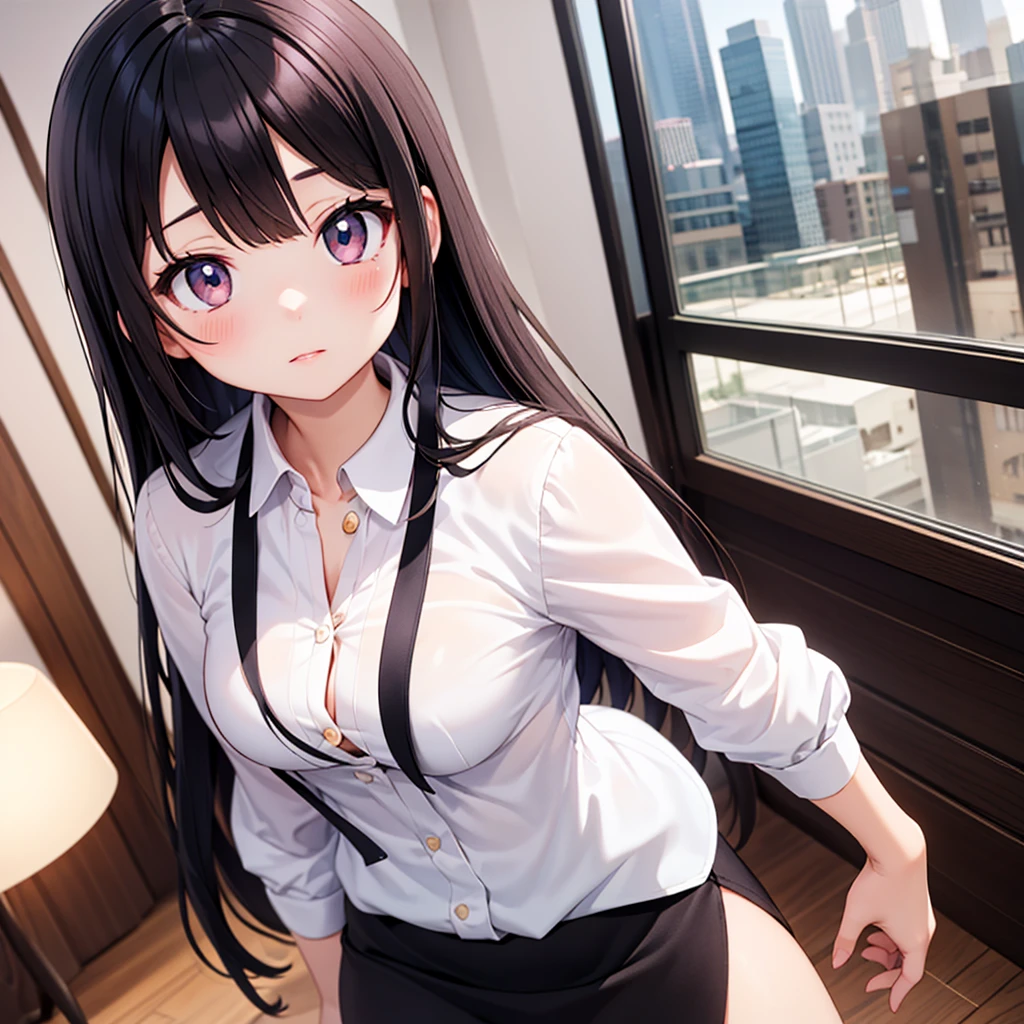 8K, detailed, anime, smooth anime CG art, masterpiece, high quality, highres, best quality, highres, 1girl, disheveled hair, illustration, focus on face, simple background, long hair, socks, black hair, hair between eyes, calm, dress shirt, long bangs, tied hair, braided hair, narrow eyes, ribbons in hair, crimson red eyes, large breasts, breasts, perfect face, perfect legs, no pants, full lips, add_detail:-3