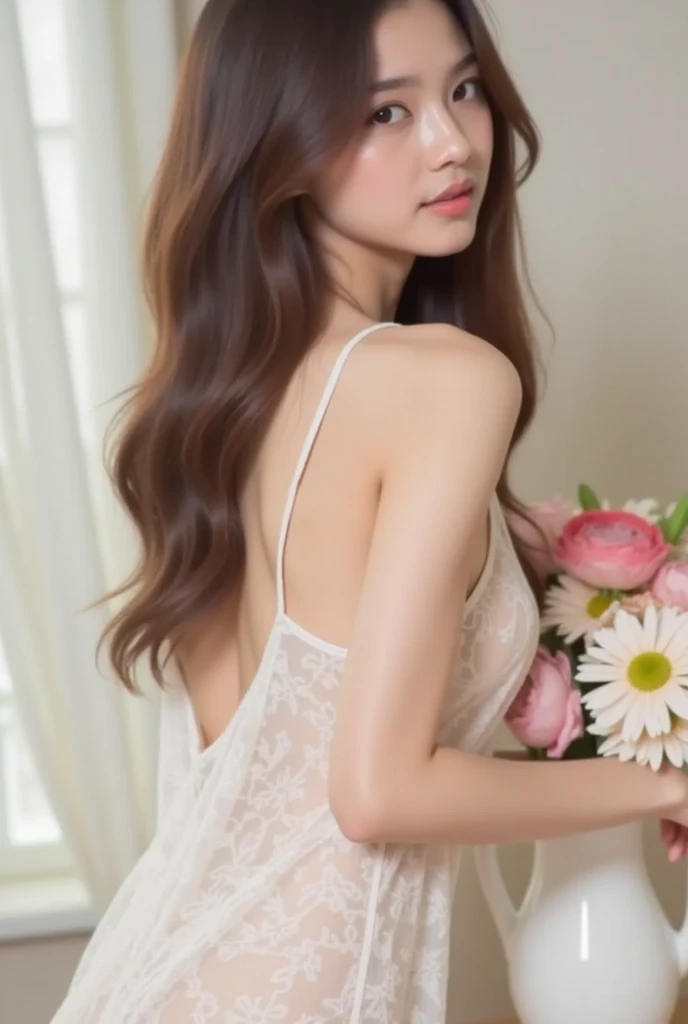 (Highest quality:1.4),(masterpiece:1.4),(Realistic:1.4),(Realistic:1.2),(超High resolution, RAW Photos:1.4),(High resolution, Very detailed:1.2),(8k:1.2),(Shot from behind:1.3)、photograph,Korean women、brown hair photos,One Woman,alone,(In underwear),((Thigh to head shot:1.3))、(((topless、You can see her large breasts from the side.)))、((Smile))、((Large Breasts:1.4))、Realistic skin textures、Slightly freckled、Slender figure、((background,Concrete wall:1.3)),(The breast is visible from the side:1.6),3 woman、((Updo long hairstyle,Clever hair arrangement))、((Very transparent white,Long lace slip:1.4))、((Correct toes))、Detailed facial features、Long slip covers the buttocks and soles of the feet、Long slip covers your butt、