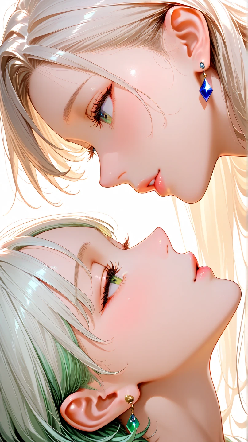 score_9, score_8_climb, score_7_climb, Profile pictures of girls, Long, light green hair with bangs., Light blue petals on the cheek, Realistic skin texture, Detailed pictures, close-climb, HD32k