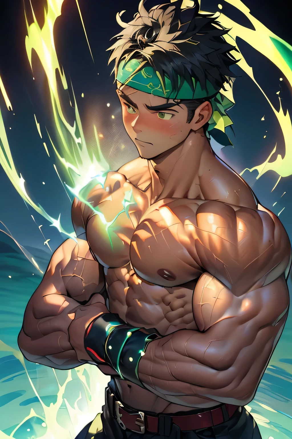 ((masterpiece, best quality, Score_9, Score_8_up, Score_7_up, Score_6_up, Score_5_up, Score_4_up)), (((((upper body))))), (worm eyes, Young guy, muscler, topless), ((((1boy, solo, flesh, tough, reliable, developed body, reliable, toned body)))), (Dark Short straight hair, ((almost completely shaved hair)), under cut), (((red headband, black wristband, belt, boots))), Vivid colors, ((big breast:1.2, big shoulder:1.2, muscular body, sturdy body, defined round and fleshy pecs, defined round and fleshy ABS, defined round and fleshy armsmuscular:1.2, well-defined muscles, developed body, toned weist, shouldermuscler:1.2)), muscler!, muscler body, detailed face, detailed muscle, (((rippling muscles, Flowing energy, giving off an aura of holy power, Include intense special effects such as bursts of light, energy waves, and wind to emphasize the power of his magic. Highlight his aura, blue and green aura effect, energy stream, holding aura energy)))