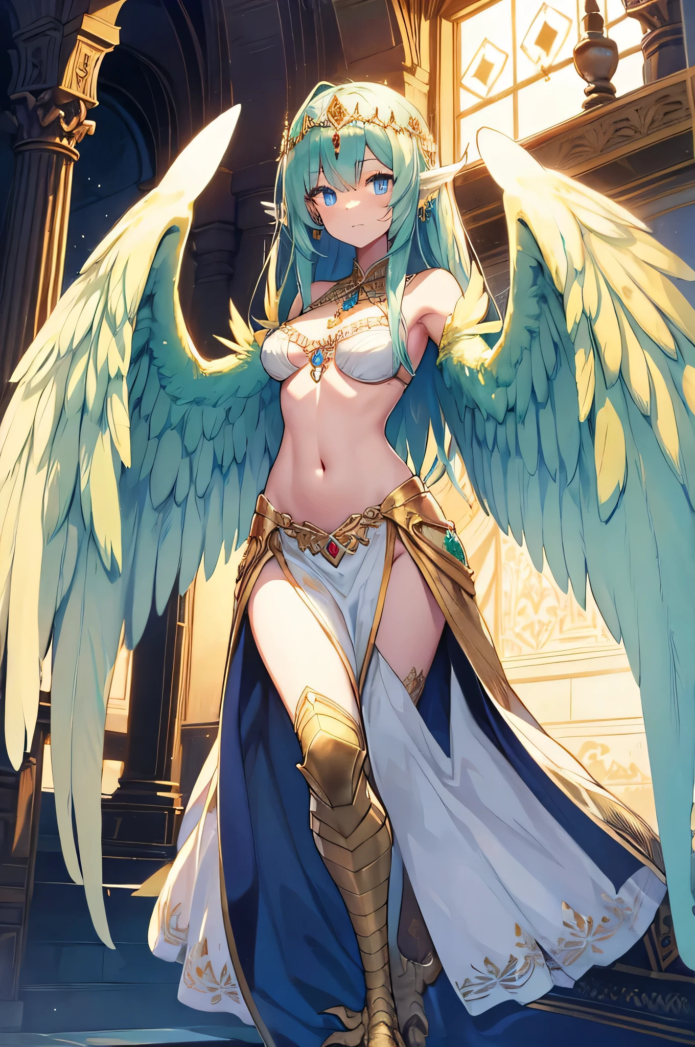 4k,High resolution,One Woman,harpy,Green Hair,long hair,Blue Eyes,Big Breasts,White Wings,Golden toenails,Valkyrie,Green Holy Dress,Winged headgear,Jewelry decoration,Gold decoration,Temple in the Sky