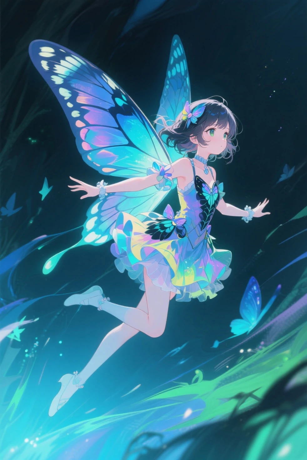 Many rainbow butterflies、Background black、Line Art、Neon lights，Double tail
