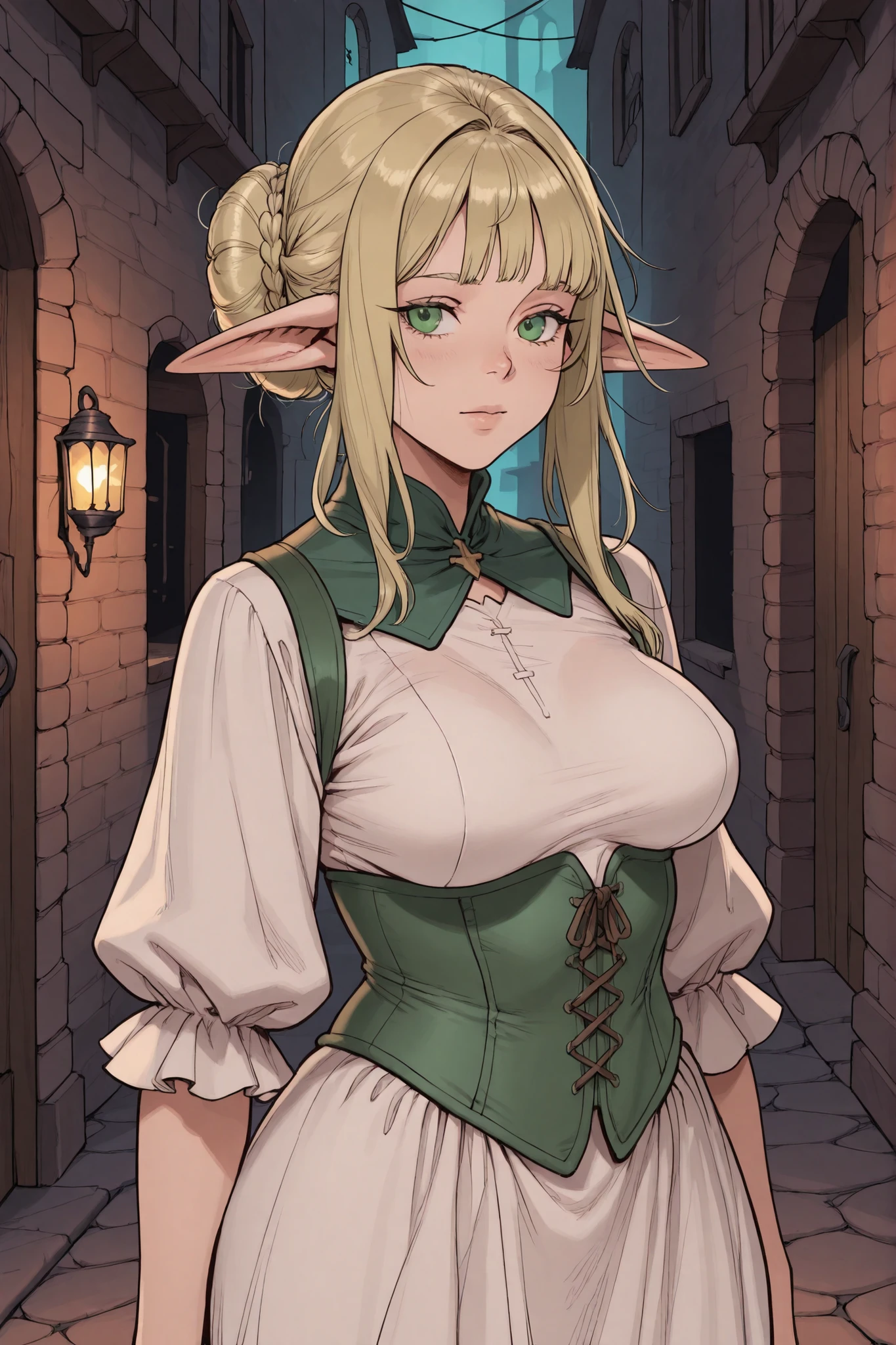 1 plumb girl, blonde hair, low bun, parted fringe, green eyes, long elf ears, voluptuous, medium breasts, white dress, green corset, dark alley, medieval city