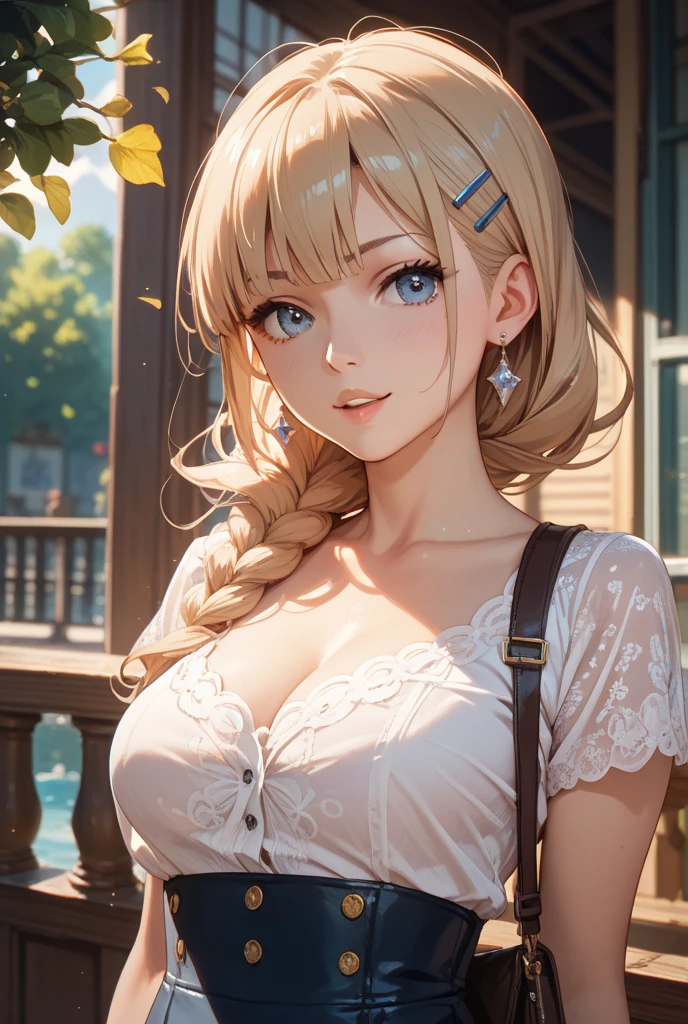 (​masterpiece),(top-quality:1.2),1girl in,(masuter piece:1.3),exquisitedetails, Highest quality 8K resolution, Ultra-detailed, Realistic, Vibrant colors, Soft tones, With warm and gentle lighting,(Sexy smile:1.3),(pink ruffle ribbon pleated bra:1.5,) (Bring your chest together with your hands:1.2) early evening,Big sunset,(Smooth straight blonde hair:1.2),(Hair parted in the middle:1.3),(Glowing hair),(Dark blue eyes:1.3),White skin, hair clips,manicure,A bracelet,Small Cross Necklace,teak,Overflowing soft and gentle feelings,rays of sunshine,Warm golden glow,The atmosphere is full of happiness and laughter, Sticking to ultra-detailed depictions and vivid colors. A style that combines romanticism and realism,color palettes,Create an ethereal atmosphere like a dream,and the lighting is soft and diffused, Shine a gentle light on your face,The artwork is a masterpiece
