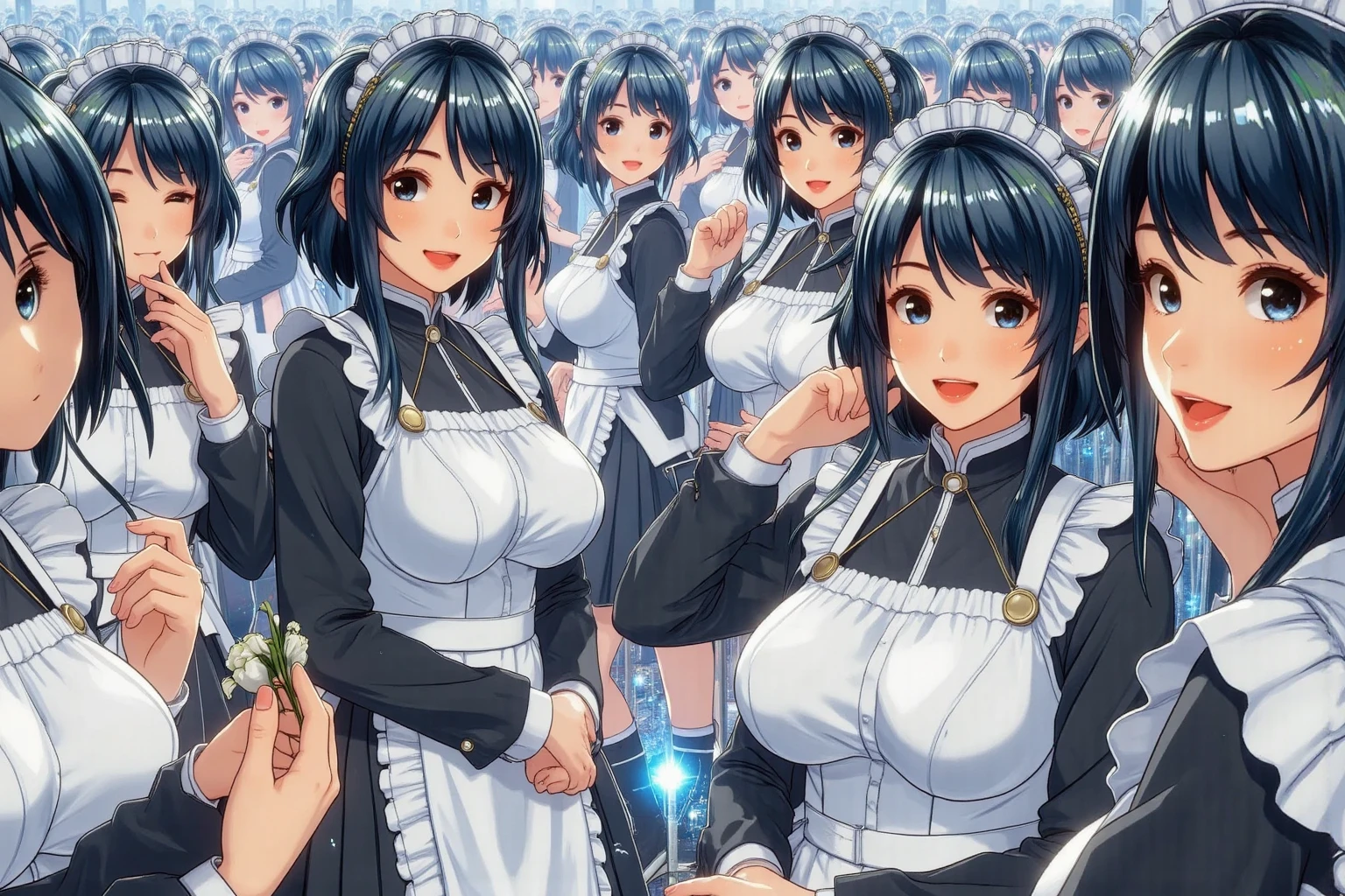 Beautiful shot of 4 females having passionate sex with each other, multiple lesbians , maid fucking another maid, dynamic poses, action photography , blue maid cosplay, tied up, ((fisheye lens)), bdsm, ecchi style, high contrast