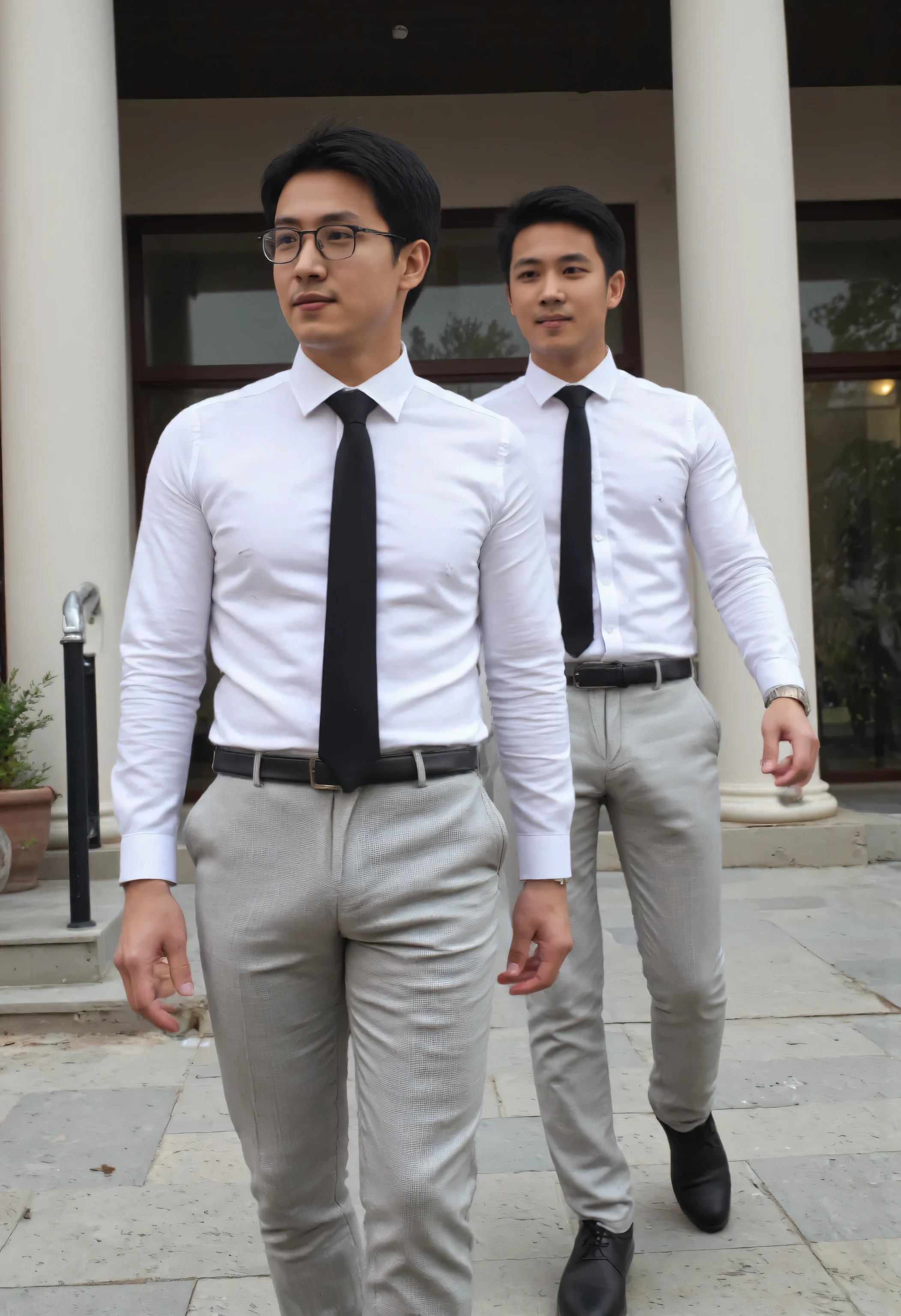 The 42-year-old Asian and 30 year old Asian, wearing eyeglasses and a white long-sleeved shirt, fitted light grey slacks, black ties and a black tie, was very handsome. The crotch of the slacks featured prominently in the crotch area, with a long, large torso under the crotch, slanted throat. Up to the left of the crotch look sexy showing very big bulge in tight pant, photorealistic skin texture, full body walking in the middle of the daytime bass court