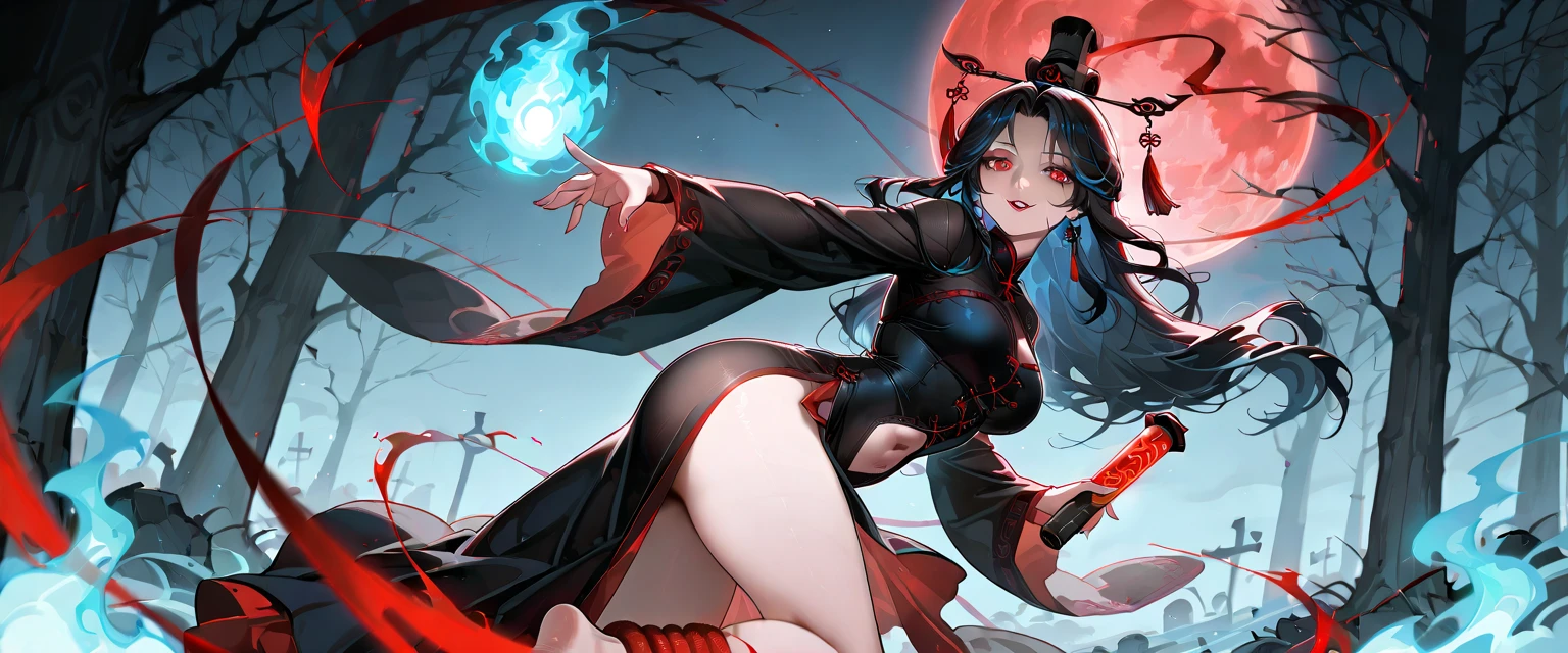 Create an anime fight scene, a black-haired wizard, a magician with sexy clothes and long red hair , messy, are struggling