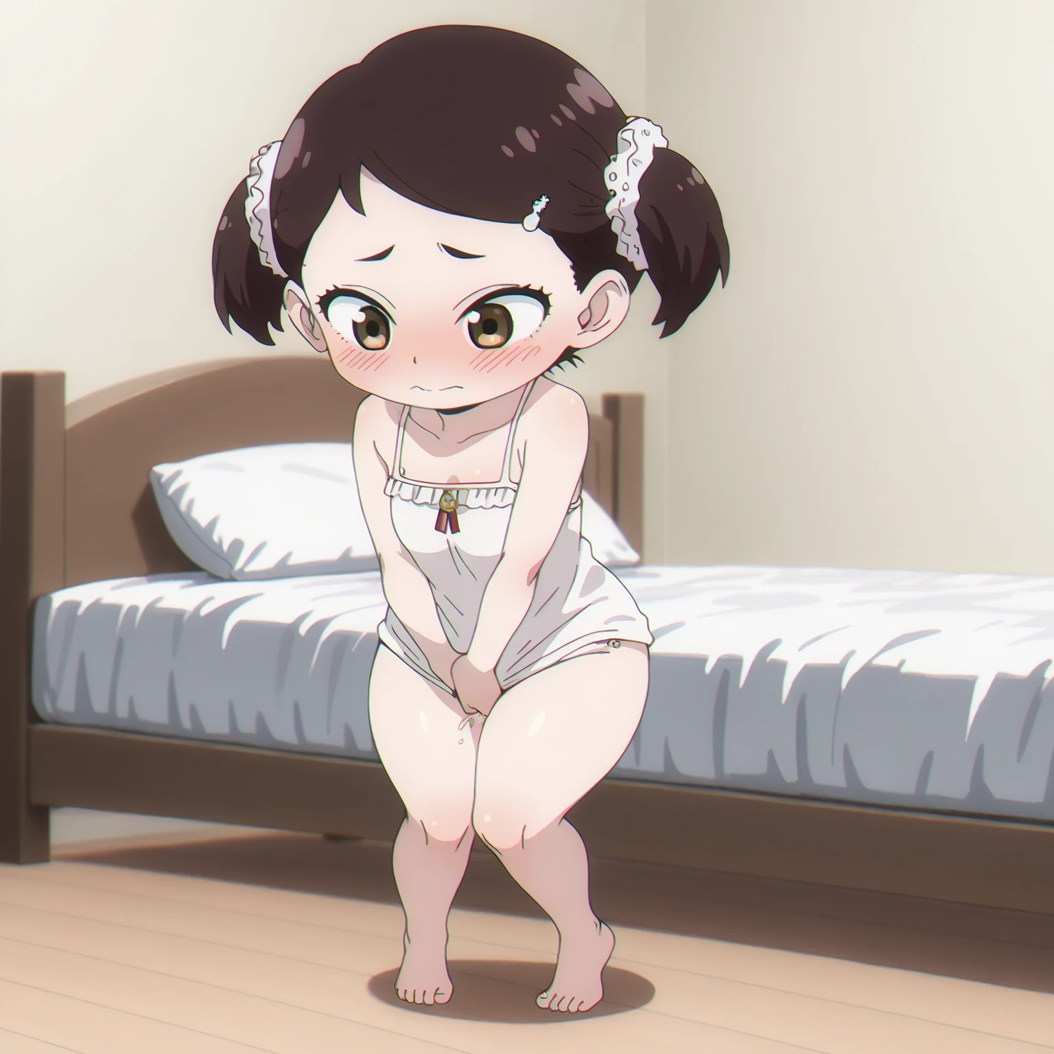 masterpiece, best quality, sasaki_rika, 1girl, solo, brown hair, brown eyes, short hair, smile, blush,looking at viewer, from above, flat chest, , masterpiece, expensive quality, very_expensive_solve, big_file size, full color,(completely :1.2),pusslles,(pregnant:0.7),