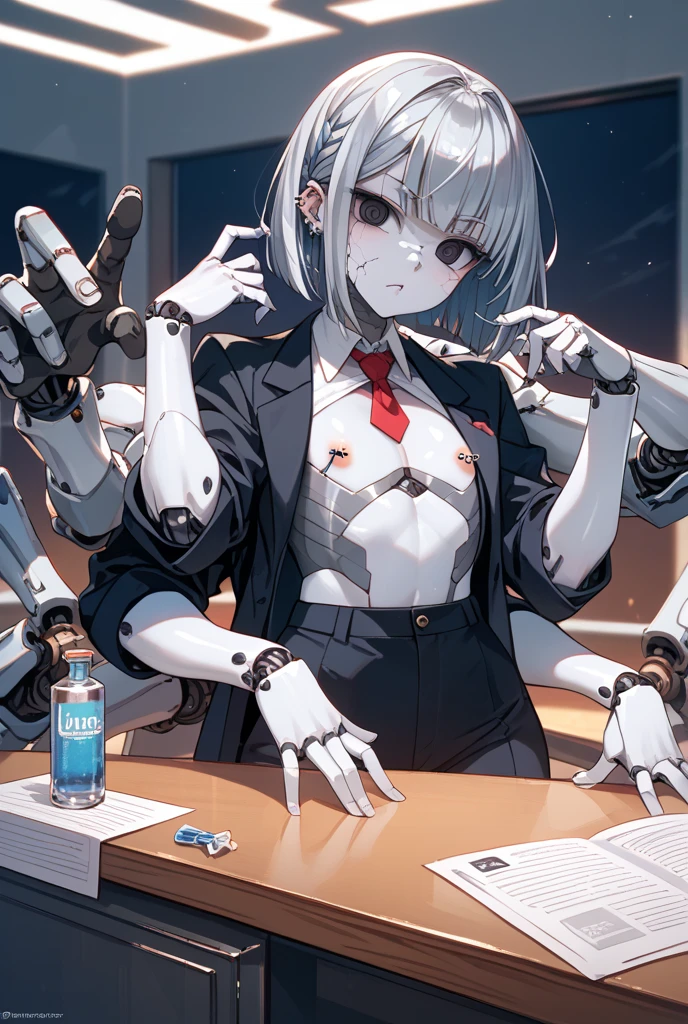 <lora:Vanitaker-2:0.9> vanitaker, score_9, score_8_up, score_7_up, score_6_up, score_5_up, score_4_up, detailed background, cyberpunk, futuristic, neon lights, inside, bar, shelf, bottle BREAK
female, robot, (screen face:1.1), simple eyes, (glowing eyes:0.9), faceless, (mouthless:1.1), white shirt, bow tie, holding beer mug, (holding bottle:1.15), holding glass, raised arms, multi arm, 4 arms, hand on table