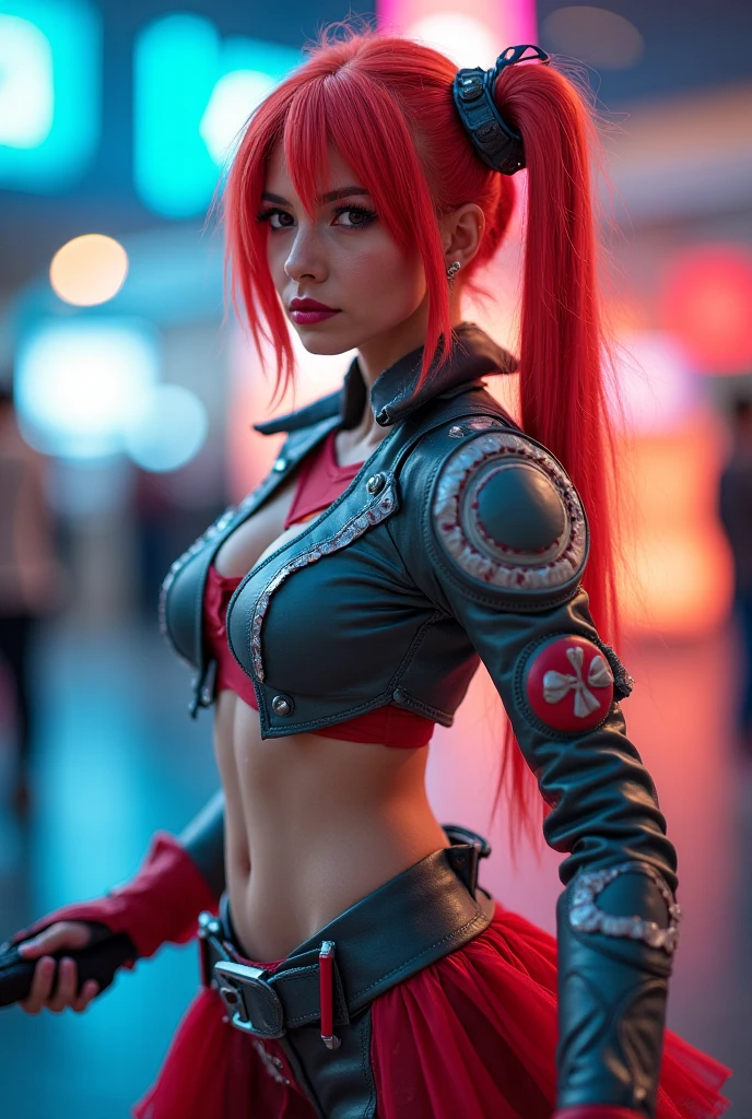 (redneonstyle, glowing, red theme, neon trim:1.2), 1girl, narrow waist, hazel hair, microbikini denude,blonde hair, twintails, blue eyes, muscular, large breasts, nurse, elbow gloves, symmetry, corridor, realistic, photo \(medium\), photo background, realistic skin texture, detailed background, beautiful and detailed artwork