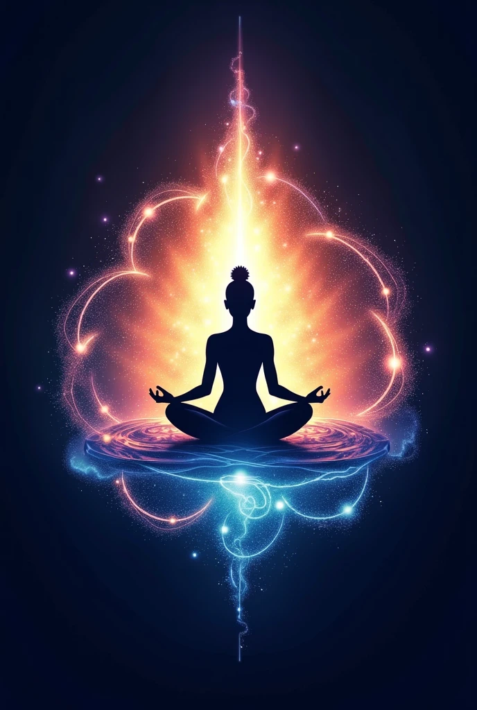 Create a serene and mystical illustration for Marana Yoga, a style of yoga that focuses on the art of dying and rebirth. Depict a peaceful and introspective scene with the following elements:
A serene landscape with a misty mountain range in the background, symbolizing the unknown and the infinite.
A lotus flower blooming in the foreground, representing spiritual growth and transformation.
A figure in a meditative pose, surrounded by a halo of light, signifying the connection to the divine and the inner self.
Incorporate subtle, swirling patterns and shapes that evoke a sense of energy and movement, representing the cycles of life and death.
Use a predominantly blue and purple color palette to convey a sense of calmness, wisdom, and spiritual depth.
Add some subtle, glowing accents to represent the spark of life and the light of consciousness.