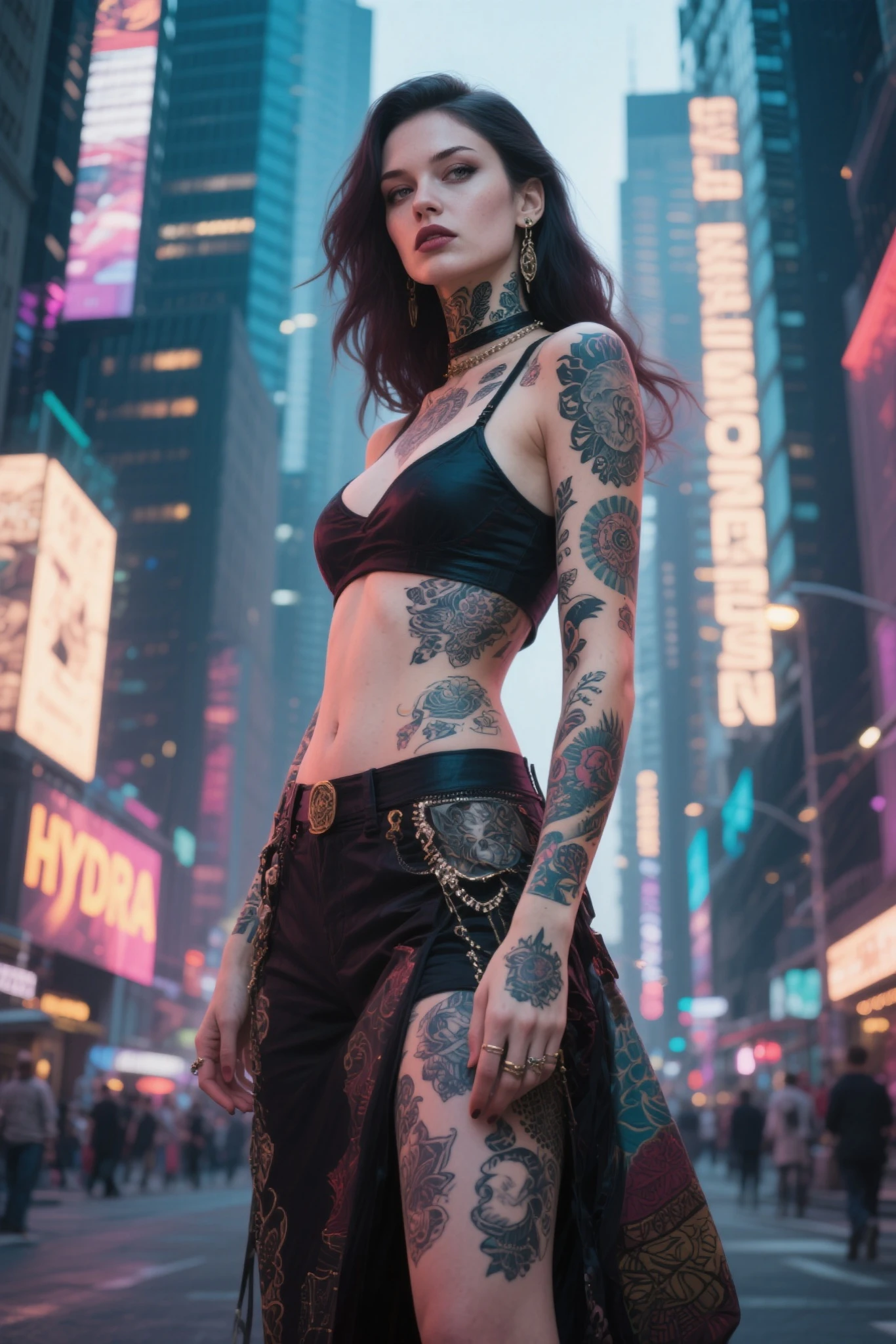 (masterpiece, photorealistic:1.4, extremely intricate:1.2), (photon mapping, radiosity, physically based rendering, ultra resolution, hyper-realistic, photorealistic:1.4, hyper-realistic, 8K, dtx), female, 19 years old, ((([small breasts:large breasts:0.8], short [dark hair:bright ginger hair:0.7], solo, 1girl, smiling red lipstick, bodybuilder, abdominals, futuristic crowded neon cityscape))), metal reflections, outdoor, intense sunlight, sharp focus, dramatic, award winning, cinematic lighting, (film grain, bokeh), ((smirking, makeup:1.2)), green eyes, ((body tattoo: 1.4)), BREAK (((white leather jacket, collar, chains), leather pants, black t-shirt))
