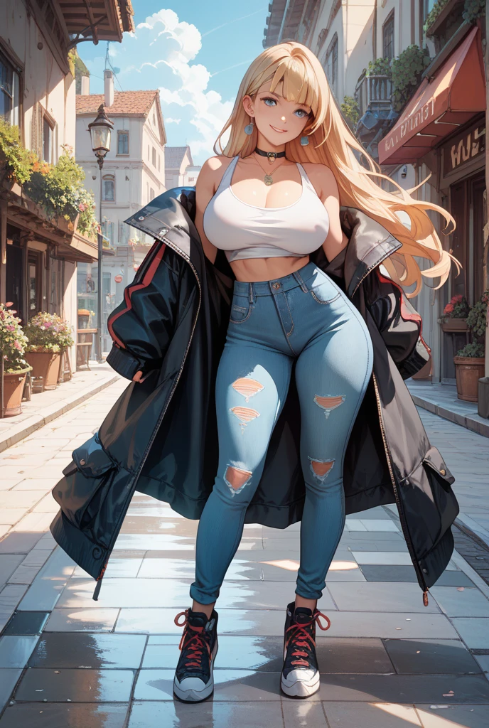 (masterpiece:1.2), best quality, PIXIV, cool girl, glorious, blonde hair, street, short shorts, big breast