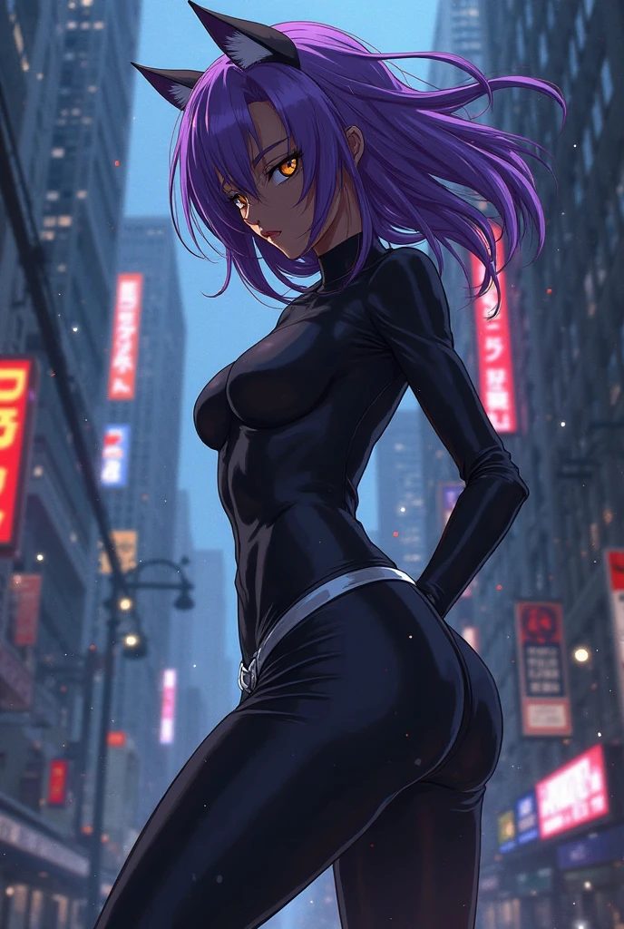 work of art, best qualityer, Juri Han, horn hair, bangs on the eyes,eyes shining purple,evil smile, black leather jacket, leggings preta, gazing at viewer, city background,yellow lighting,white shirt,skirt short,standing with your back to the viewer,hands on jacket