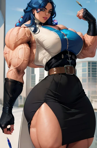 (Massive, beautiful, buff, pale white skinned muscular woman with cyan hair, purple eyes, black lipstick, ginormous bulky muscles), (((cyan three-piece suit))), necktie, blazer, (((cyan suit jacket))), (((waistcoat))), double-breasted waistcoat, pencil skirt, pencil skirt, tie clip, pocket square, pocket watch, pantyhose, high heels, (close view), (massive muscles), hyper muscles, long beachy hair, in an apartment, 